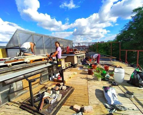 Golya, Budapest working on the premise's new rooftop. Photo (c) Golyapresszo, Instagram)